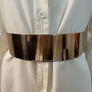 Gold tone mirror black elastic waistband belt